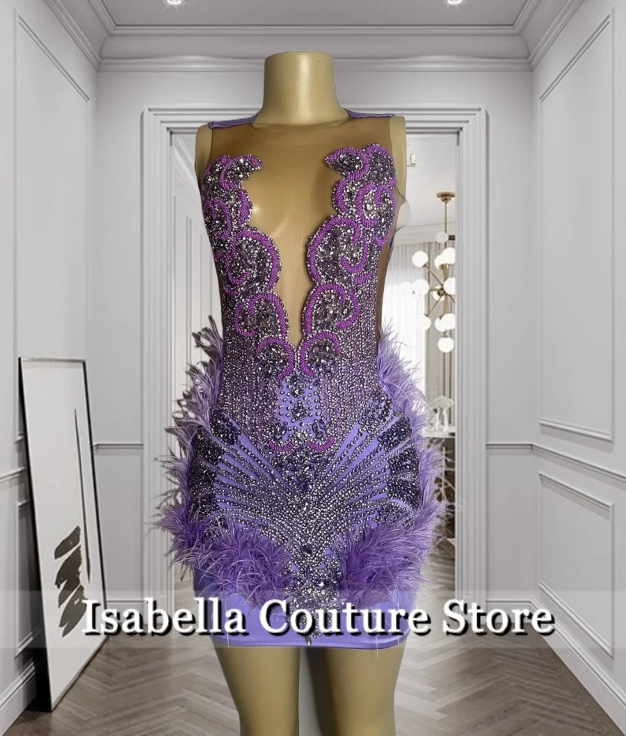 

Charming Purple Diamonds Prom Dresses Glitter Beading Crystal Rhinestones Homecoming Robes 2024 Birthday Dress Feathers