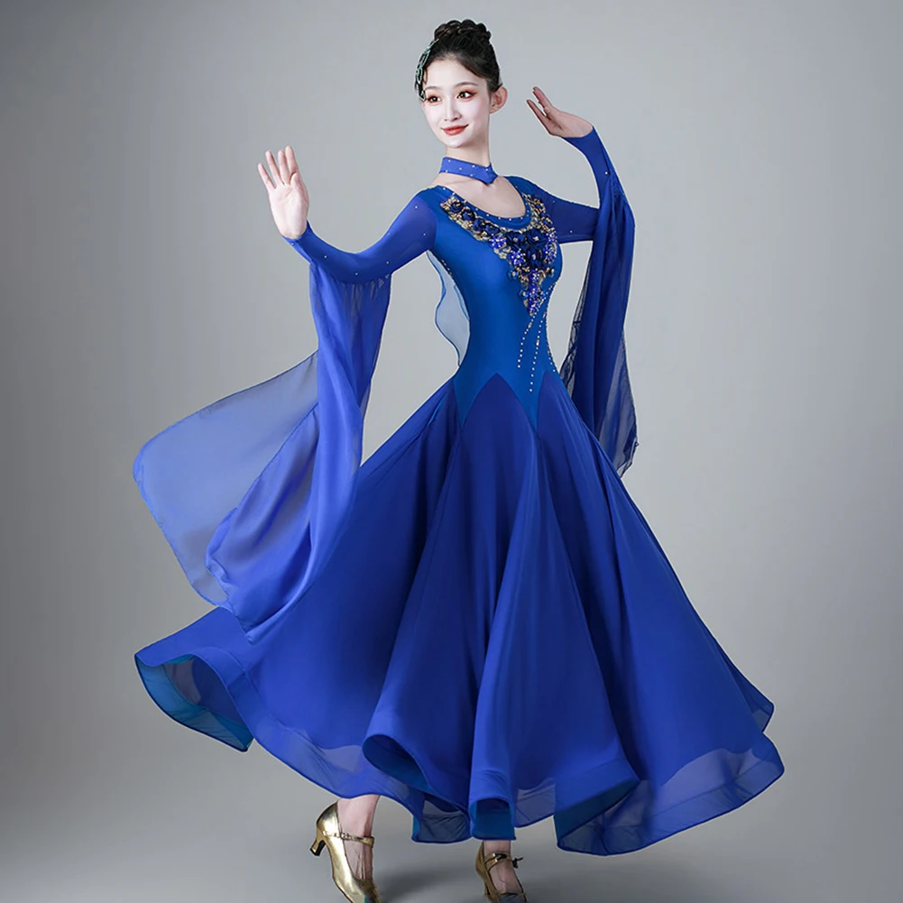 Women Royal Blue Prom Dress Red Standard Woman Crewneck Dance Dress Elegant Rhinestone Decal Waltz Long Sleeve High Quality