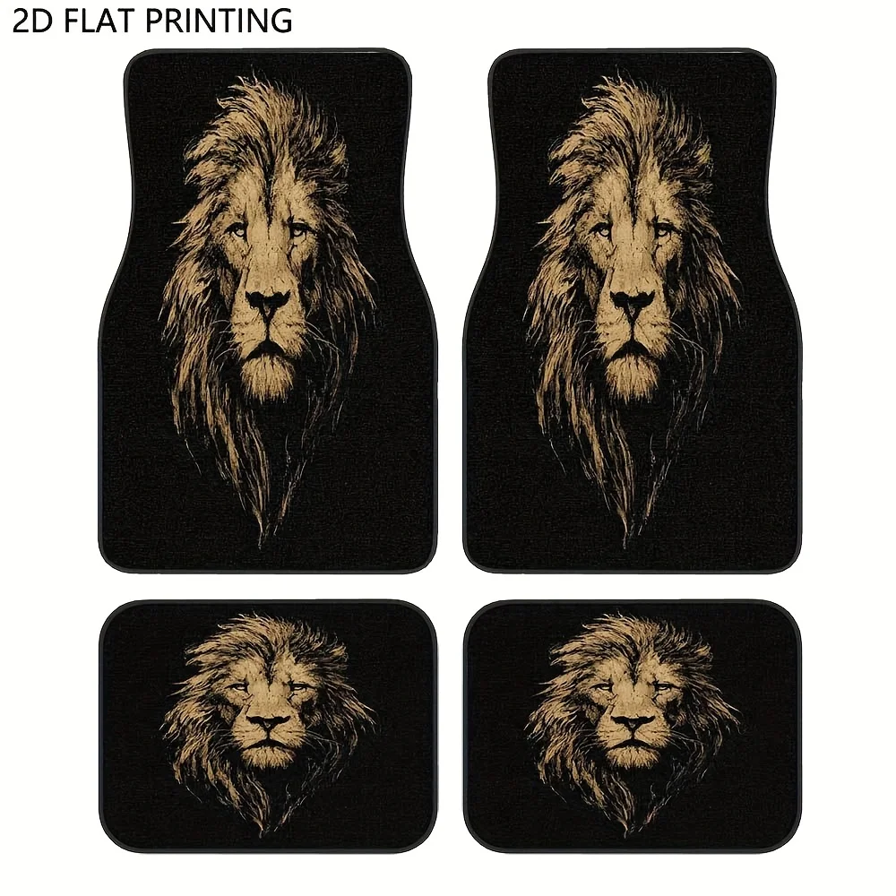 Set Of 4, Lion Design Car Floor Mats, Sturdy, Slip-Resistant, Easy To Clean, Easy To Set Up, Ideal For Sedans, Suvs, Trucks, Gre