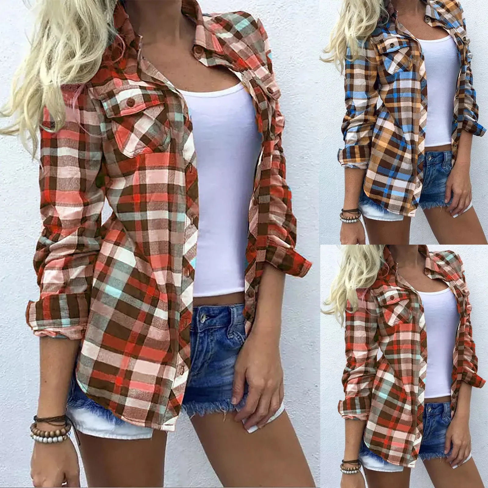 

Women Fashion Lapel Digital Plaid Printed Pocket Long Sleeves Button Cardigan Blouse Tops