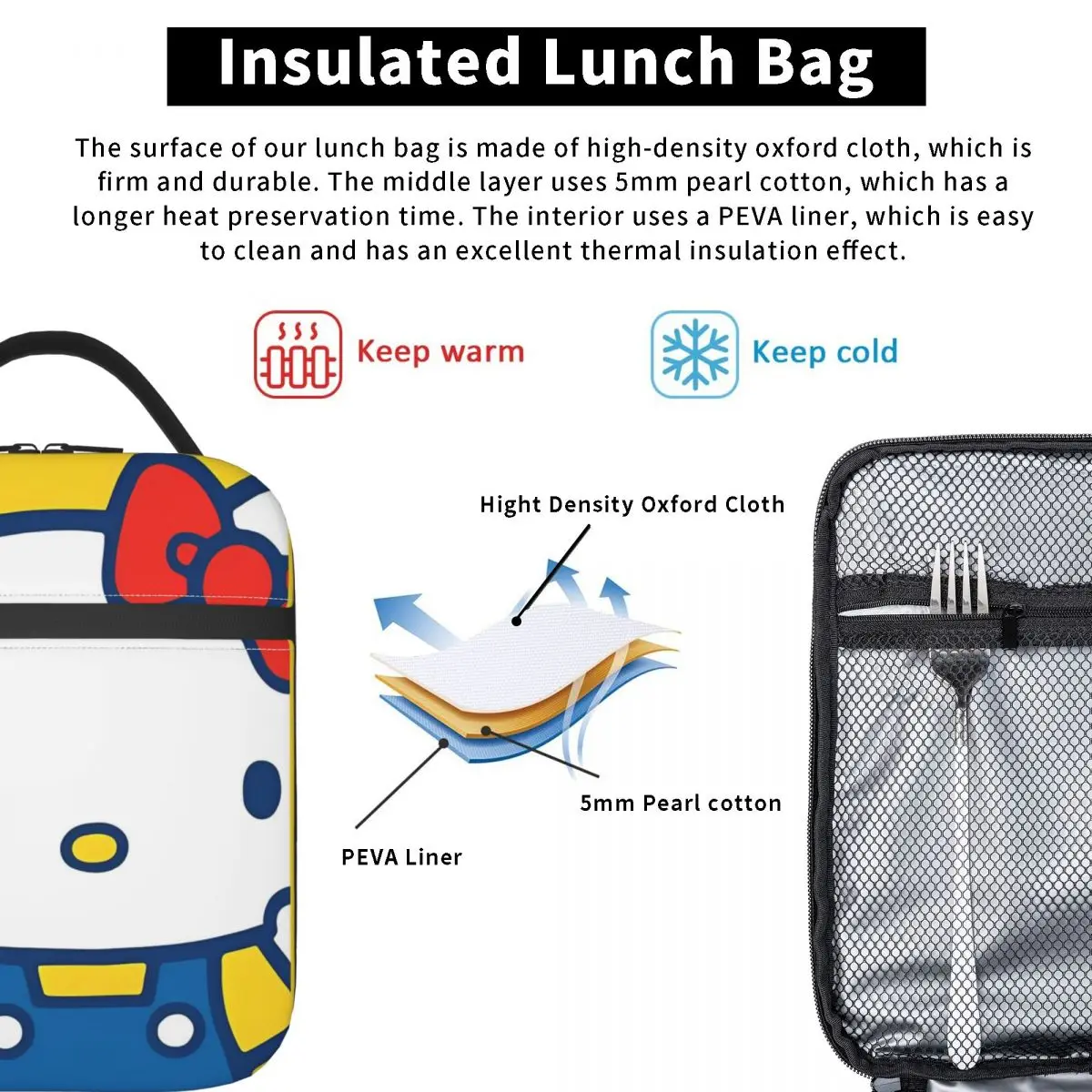 مرحبا كيتي كيف تفعل أكياس الغداء المعزولة حقيبة حرارية   حاوية الوجبات، صندوق غداء عالي السعة، حقيبة حمل للرجال والنساء في النزهة