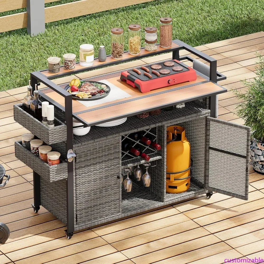 

Outdoor Wicker Grill Cart with Expandable Plastic Wood Table and Rolling Kitchen Storage Cabinet, 52.8 Wide