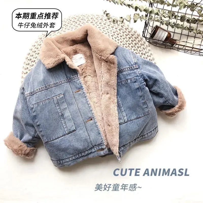 Autumn Winter Thicken Baby Boys Denim Jacket Plus Cashmere Warm Children Outerwear Fashion Coat 2 3 4 5 6 7 8 Years Kids Clothes