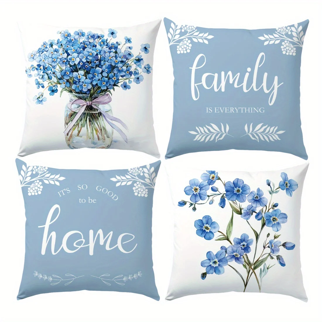 4 Piece Floral Print Throw Pillow Cover Set Polyester Home Decor Cushion Accent Pillows Blue Bouquet Family Typography Print
