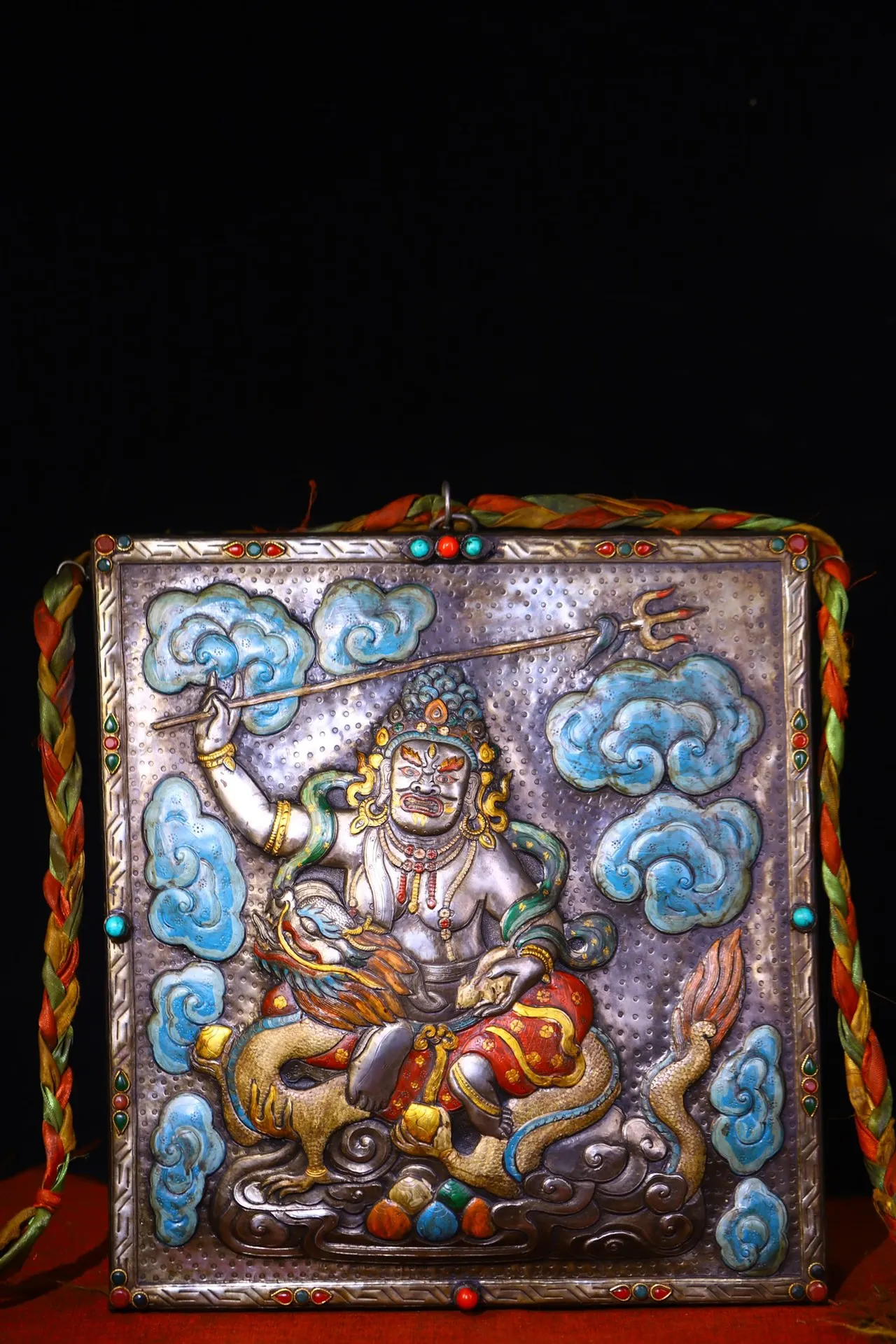 

15"Tibetan Temple Collection Old Tiantie Painted Cinnabar White Jambhala Buddha Thangka Worship Hall Town house Wall hanging