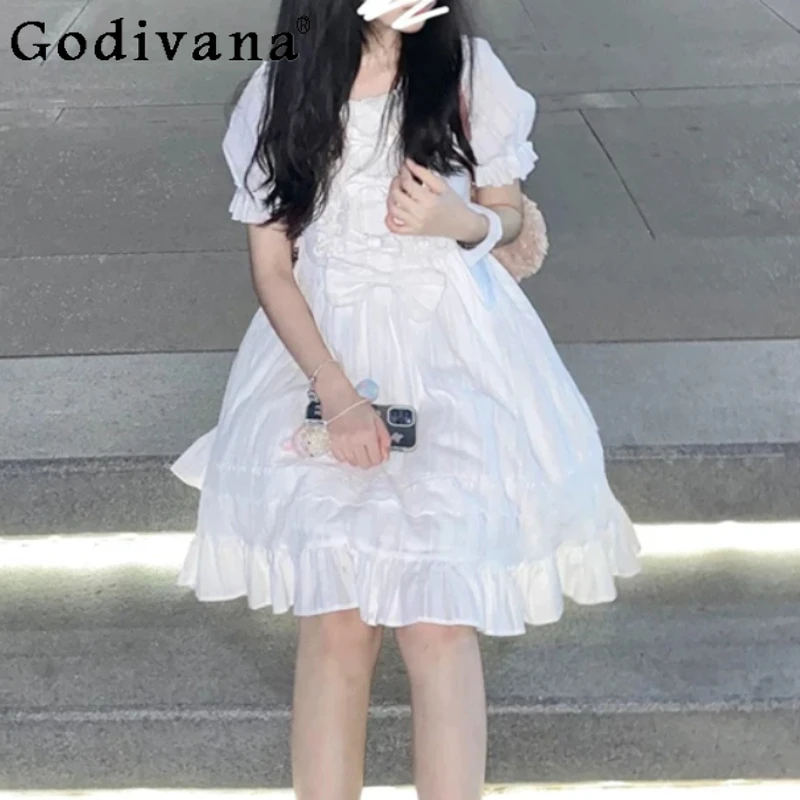 

Women Summer Japanese Peter Pan Collar Sweet White Short Sleeve Dress Fashion High Waist A-line Versatile Age-reducing Dresses