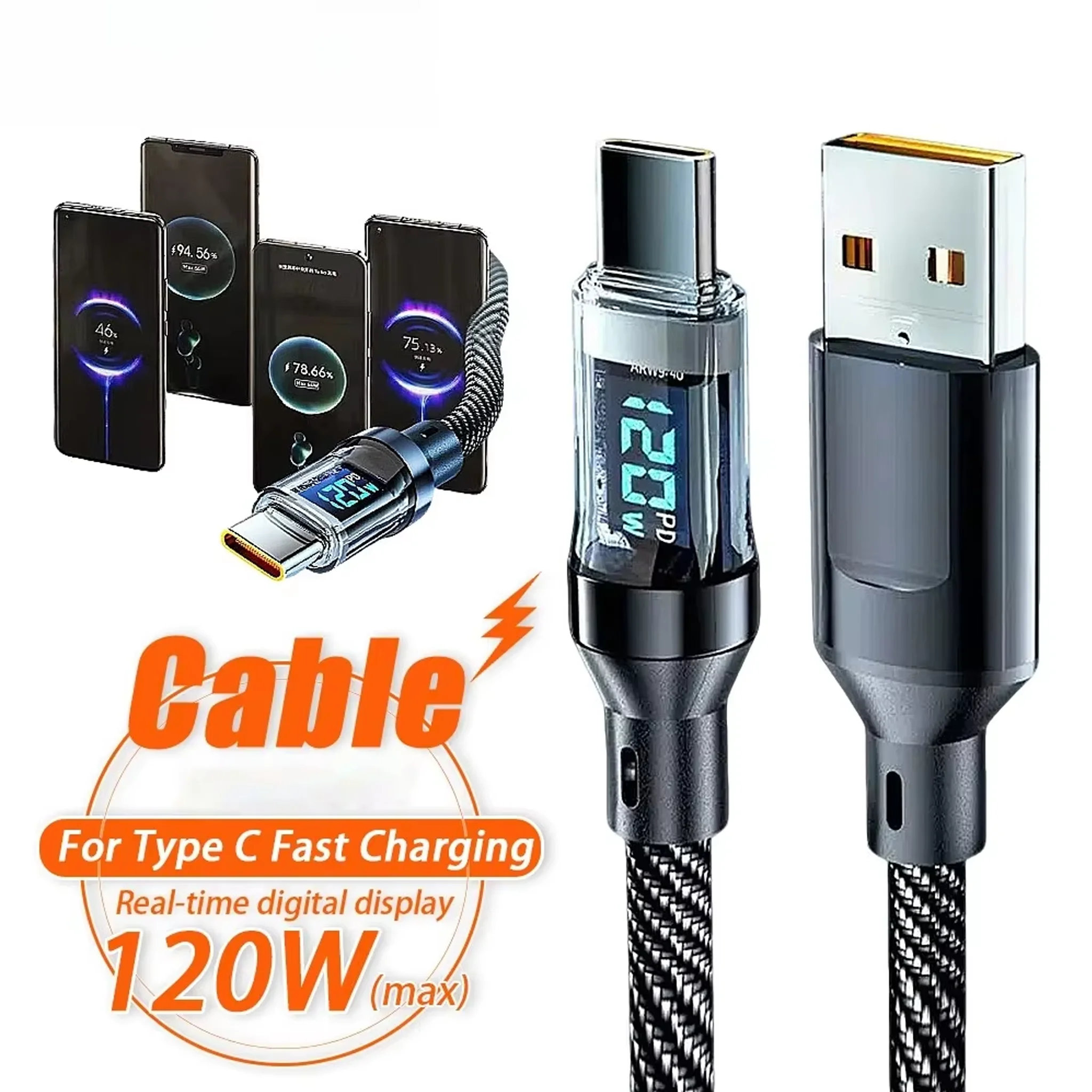 120W USB Type C Cable Fast Charging Data Cord LED Display for Xiaomi for Redmi for Samsung for Huawei - 1M/2M Options Available