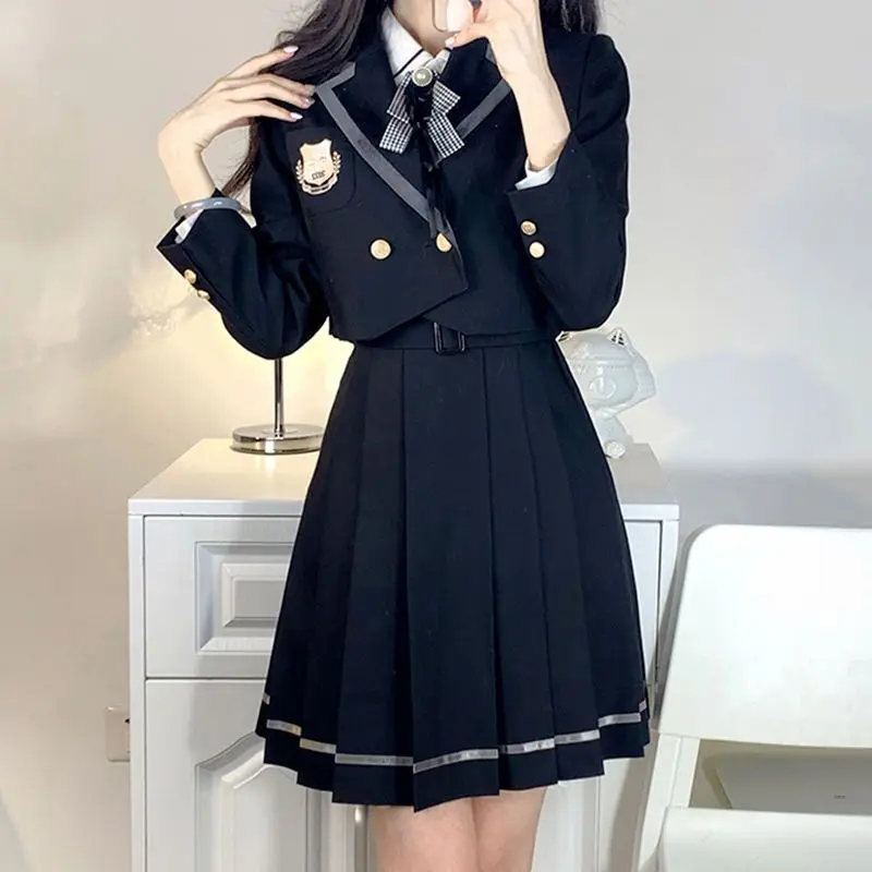 MAGOGO Original Japanese Short Dress Sets Women Autumn College Style High Waist Pleated Skirt with Shirt Coat Three-piece Suit