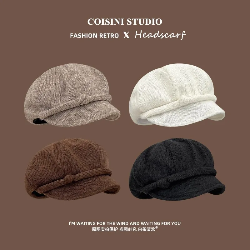 

Японские однотонные вязаные береты в стиле ретро для женщин, маленькие осенне-зимние дорожные теплые универсальные шапки литературного художника