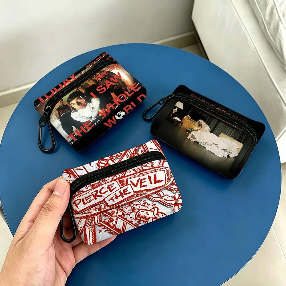 Pierce The Veil Music Band Compact Oxford Cloth Coin Purse Detachable Carabiner Hook Portable Key Card Organizer Pouch