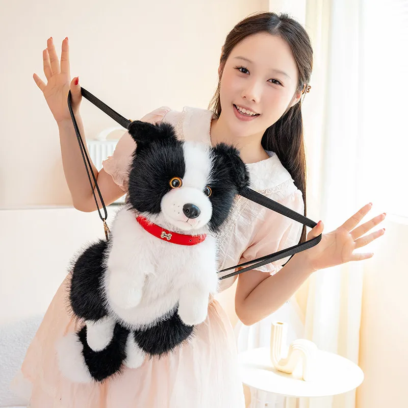 50cm Border Collie Plush Backpack Toka Fox Faux Fur Stuffed Animal Large Capacity Sound Squeeze Box Dog Bag Travel Kids Gift