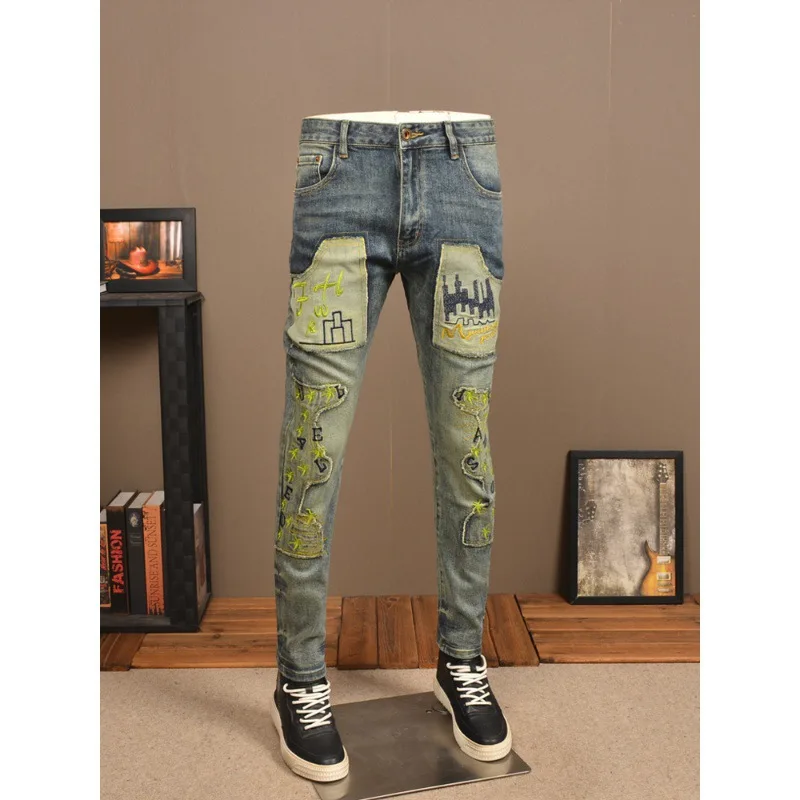 New Retro Jeans Men'S Fashion Brand Elastic Slim Fit Luxury High End Patch Embroidered Water Washed Casual Denim Pants