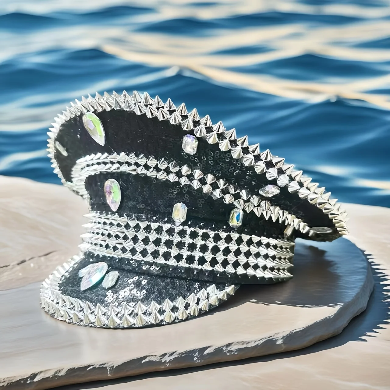 หมวกแฟนซีงานเทศกาลดนตรีหงหลวน หมวกกัปตันประดับเพชรสำหรับงานคาร์นิวัล ผู้หญิง คอสเพลย์ เครื่องประดับสำหรับผู้หญิง
