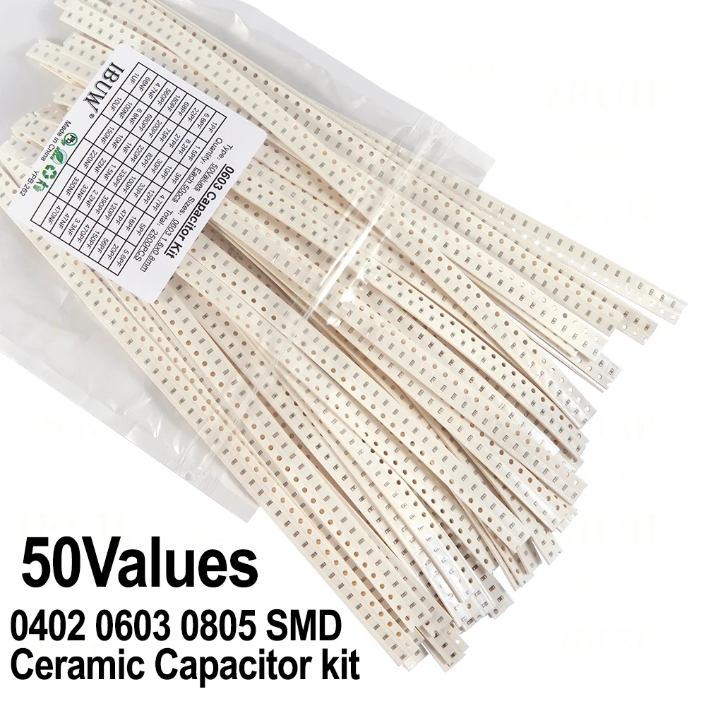 2500pcs 0402 0603 0805 SMD Ceramic Capacitor Assorted Kit 50Values 1pF - 10uF 100PF 10NF 100NF 0.47UF 1UF Chip Capacitance Set