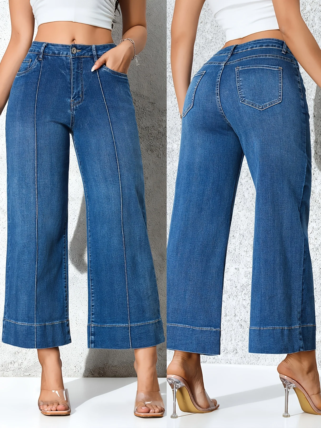 

Casual Pure Color Women's Jeans Loose Straight Leg Mid Stretch Nine-Piece Pants Comfortable Korean Style Cotton Blend Denim