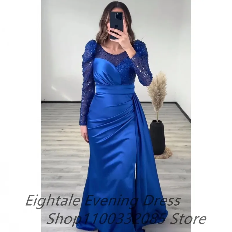 Customized Royal Blue Long Sleeve Sequin Mermaid Evening Dress For Wedding Party Sexy Slit Formal Prom Dress Dubai Party Gown