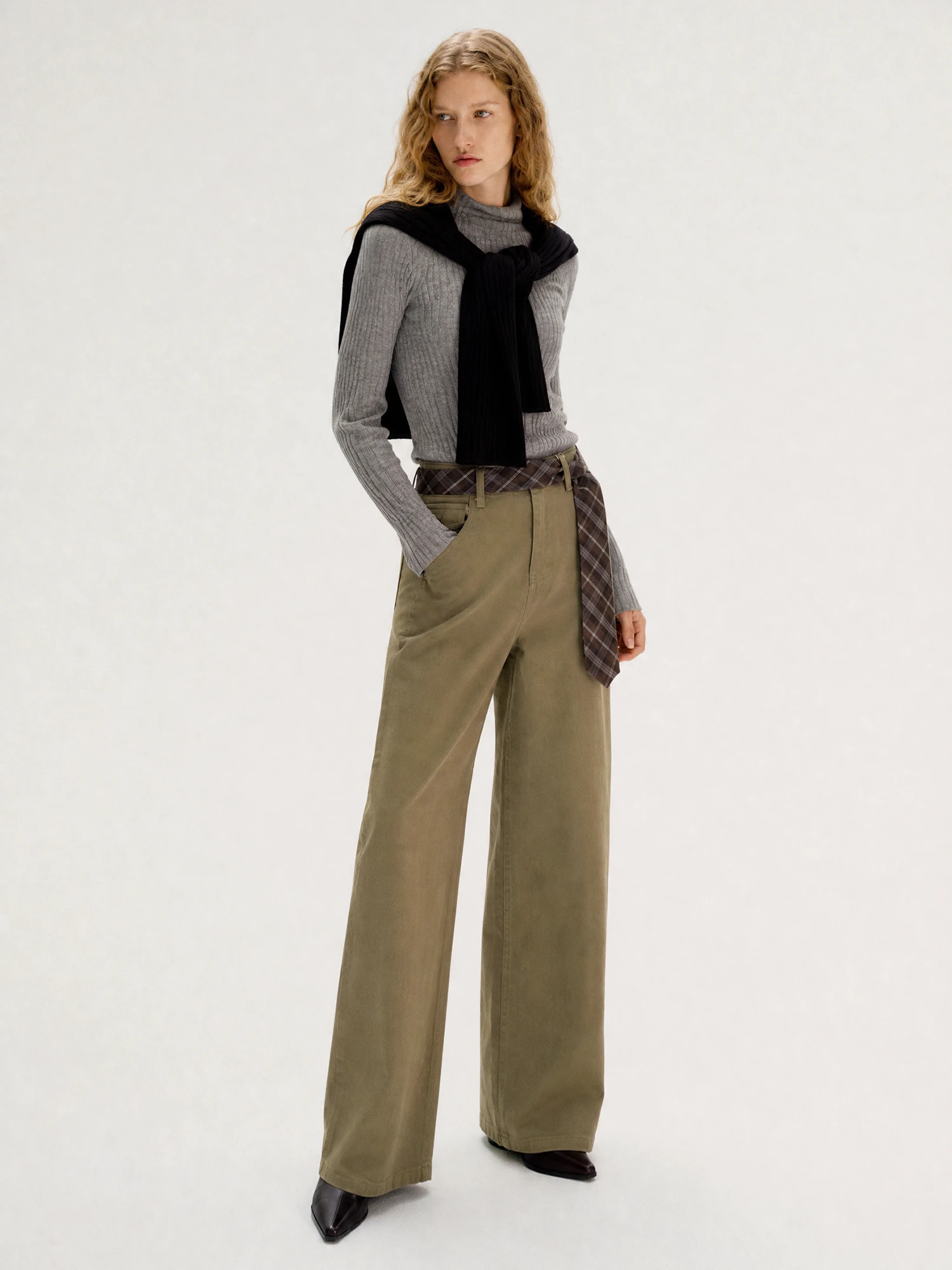 Casual Cotton Twill Pants Women's High Waist Wide Leg Pants Belted Knife  Pants Comfortable Elastic Fiber Flattering Fit