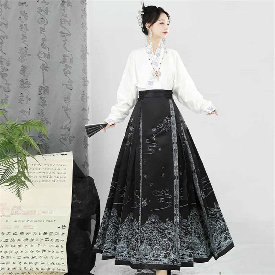 Rok rompi Hanfu gaya Modern wanita, setelan Mamianqun pakaian Vintage Cina rok wajah kuda pakaian sehari-hari