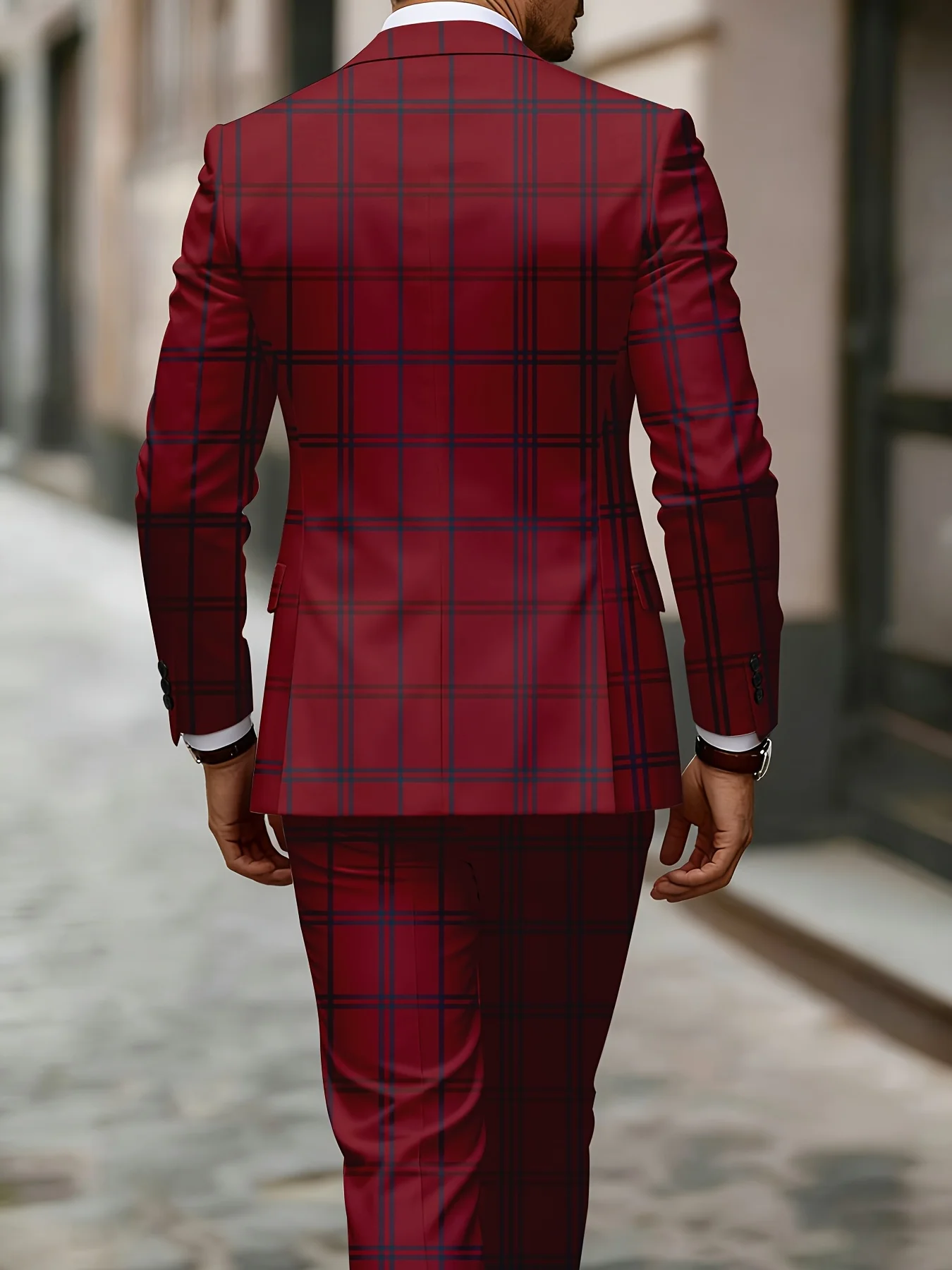 European & American Style Men's Business Suit Set Two-Piece Suit & Trousers Retro Red Blue Color-Block Plaid Print