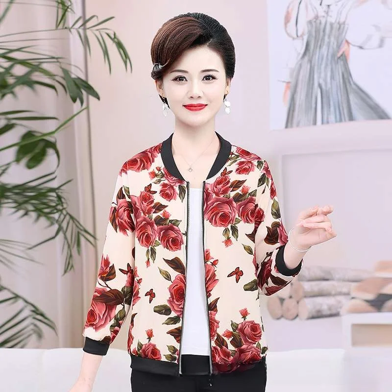 

Spring Summer Casual Thin Outer Blouse for Middle-Aged Women Floral Print Commute Sle ort Coat Polyester Fiber 00%