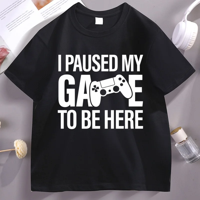 Camiseta divertida para jugadores con la frase "Puse pausa a mi juego para estar aquí", camiseta para papá, de algodón, manga corta, cuello redondo, estampada, estilo urbano