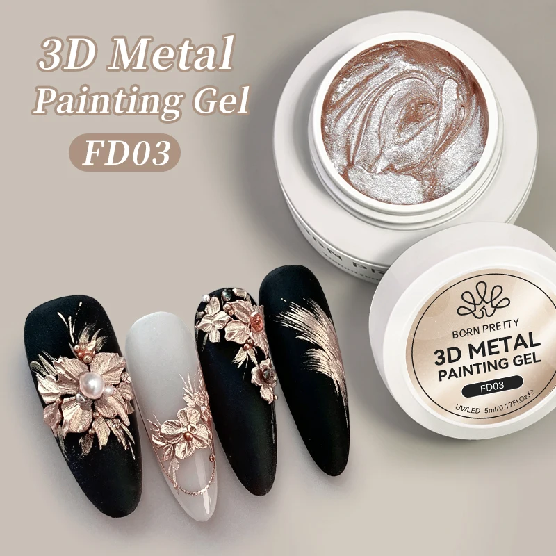 BORN PRETTY 5ml Gold Silber 3D Metall Nagelgel-Lack, Schnitzgel mit Gips-Textur, Geprägtes Nagelgel für DIY Maniküre-Kunst