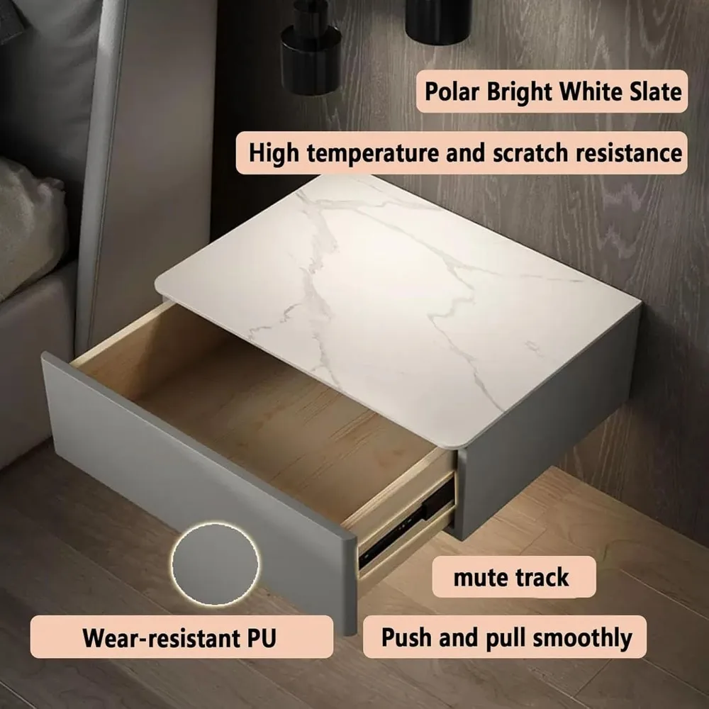 Penyimpanan Dinding Kontemporer dengan Permukaan Batu dan Nakas Laci Terapung