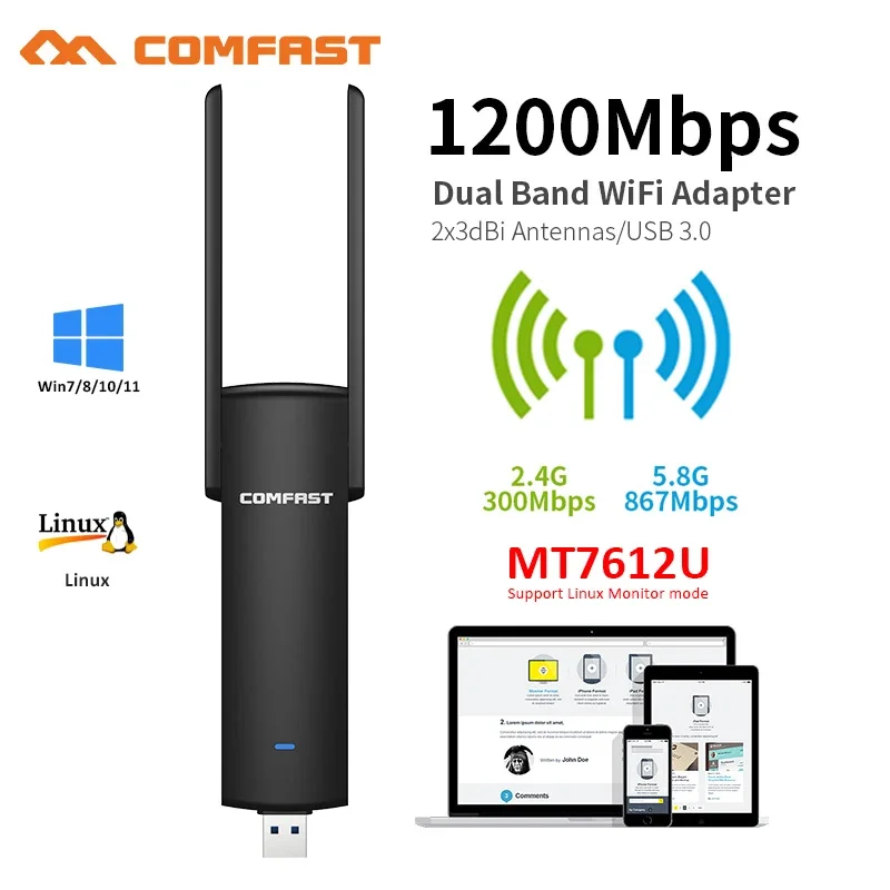 1200 MBit/s 5GHz 2,4 GHz USB 3,0 WLAN-Adapter Dualband MT7612u Wi-Fi-Antenne Dongle LAN Adaptador Windows /Linux Desktop/Laptop/PC