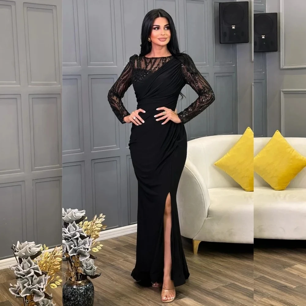 

Черное вечернее платье по индивидуальному заказу с круглым вырезом и длинными рукавами, блестками, русалкой, изысканные платья для выпускного вечера, вечернее платье с разрезом до щиколотки