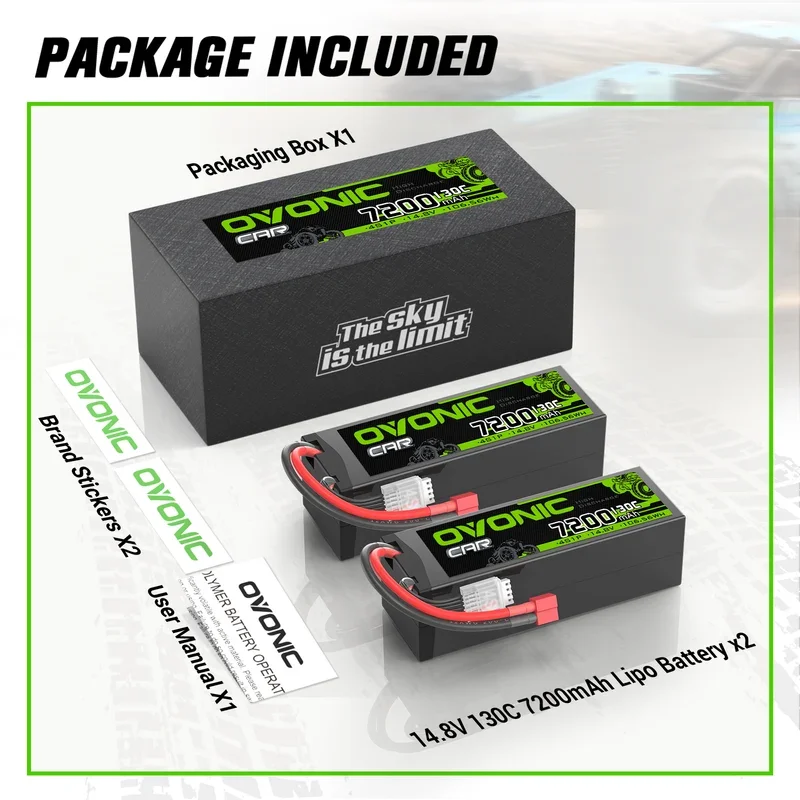 OVONIC 4S LiPo Battery 14.8V 7200mAh 130C Hardcase with T‑Plug 2‑Pack for 1/8 1/10 Scale RC Car Truck RC Racing Hobby Models