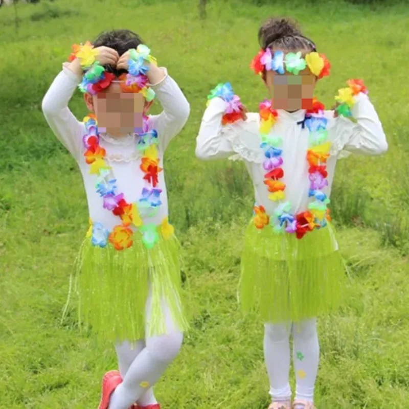 5 قطع هاواي الرقص الأطفال تنورة الأطفال هاواي العشب تنورة إكليل مهرجان مرحلة العروض ازياء الدعائم #4