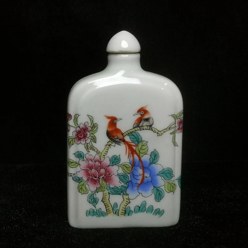 1919 Antique art Size 3.2 Inch Old Chinese Famille rose Porcelain Flowers and Birds Snuff Bottle Gift Decoration Collection