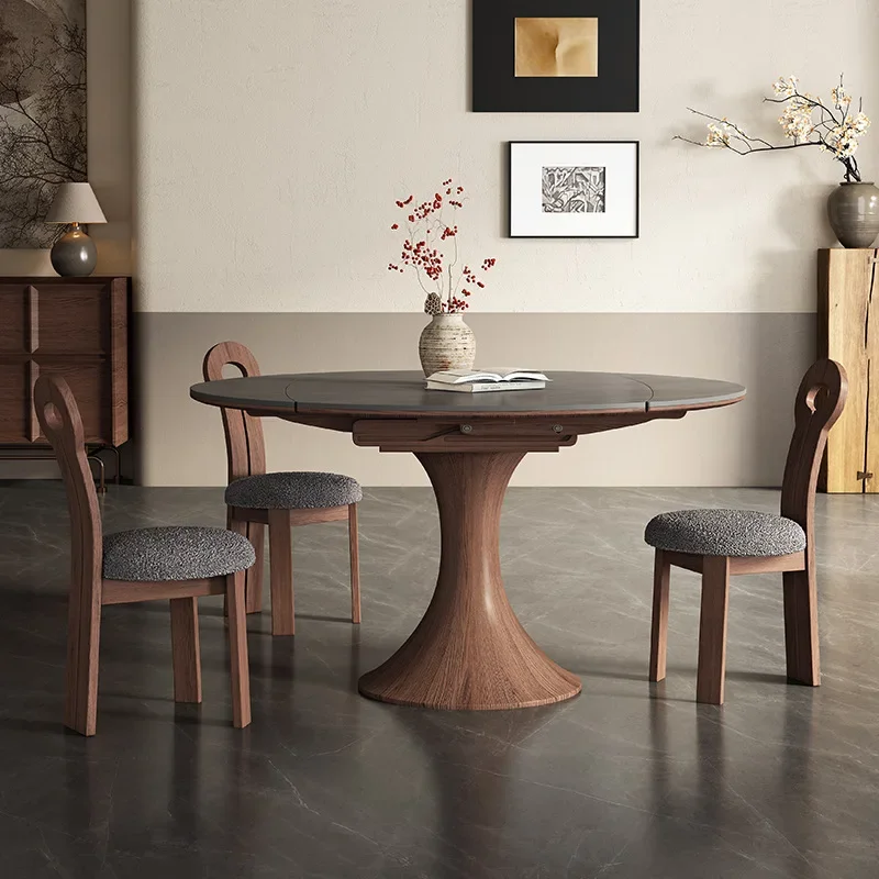 Dining table, adjustable round table, telescopic solid wood sintered stone panel, small apartment, foldable square home