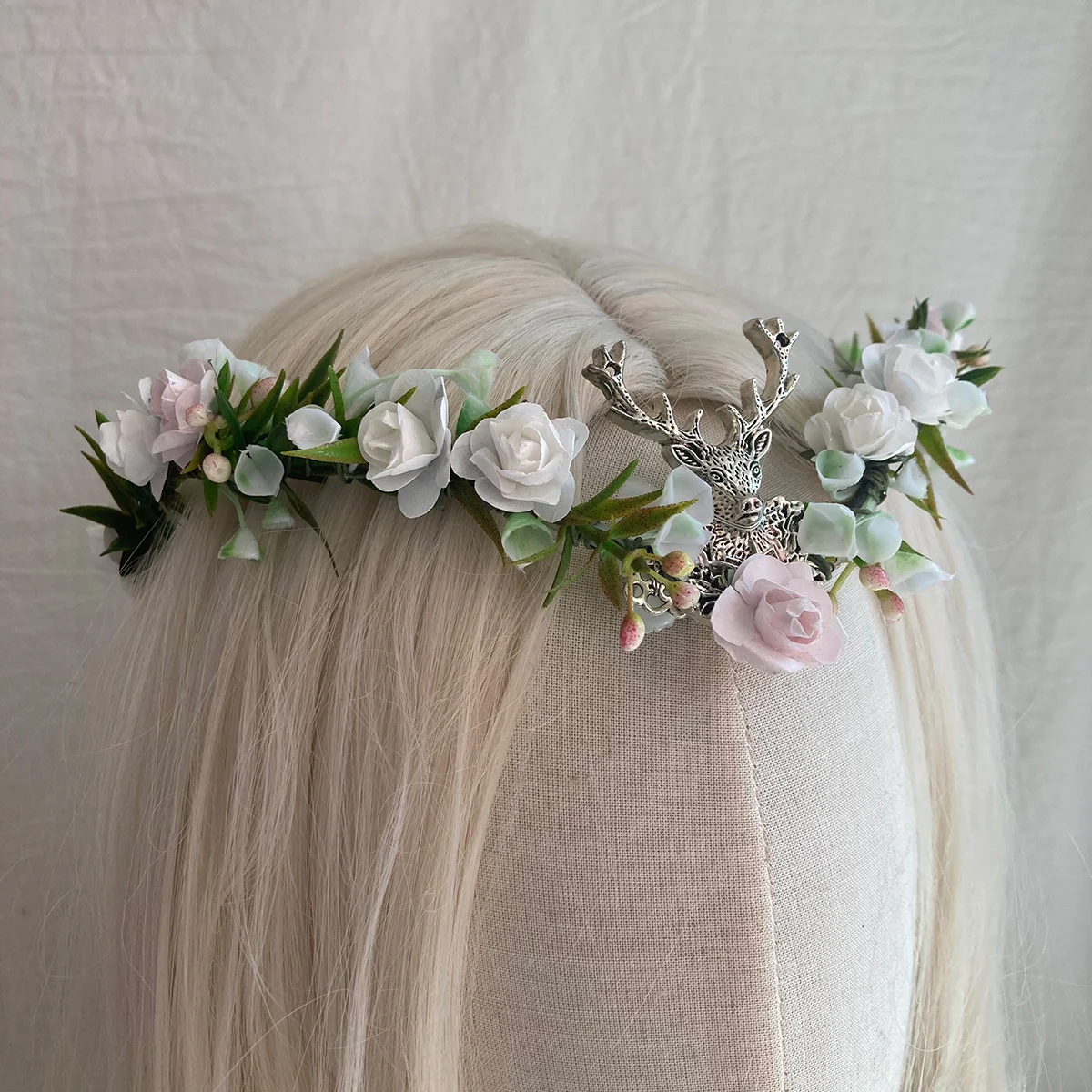 White Flower Fairy Crown - Handmade Rose Woodland Headpiece Forest Elf Crown Elven Floral Circlet for Women Renaissance cosplay