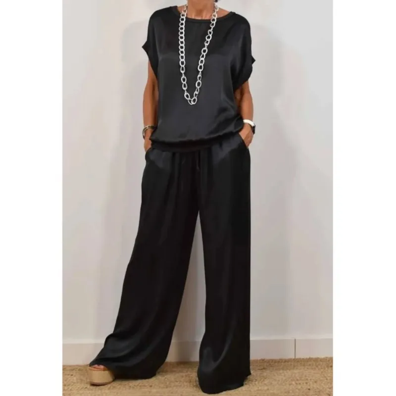 Summer Satin Two Piece Sets For Women V Neck Bat Sleeve Top Casual Loose Lace Up Wide-leg Pants 2 Piece Suit Female Home Outfits