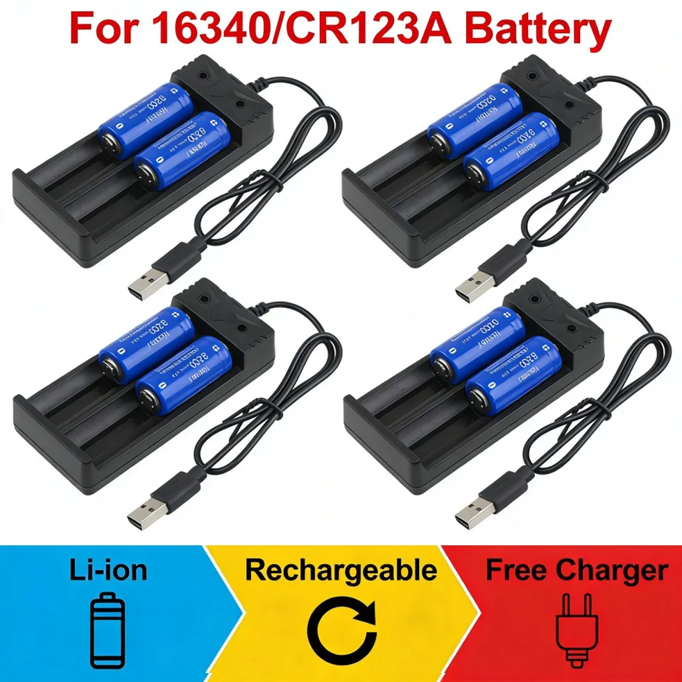 Rechargeable 16340/CR123A Battery, 3200mAh 3.7V Li-ion CR123A Batteries Button Top with Charger, Power for Flashlight Headlamp