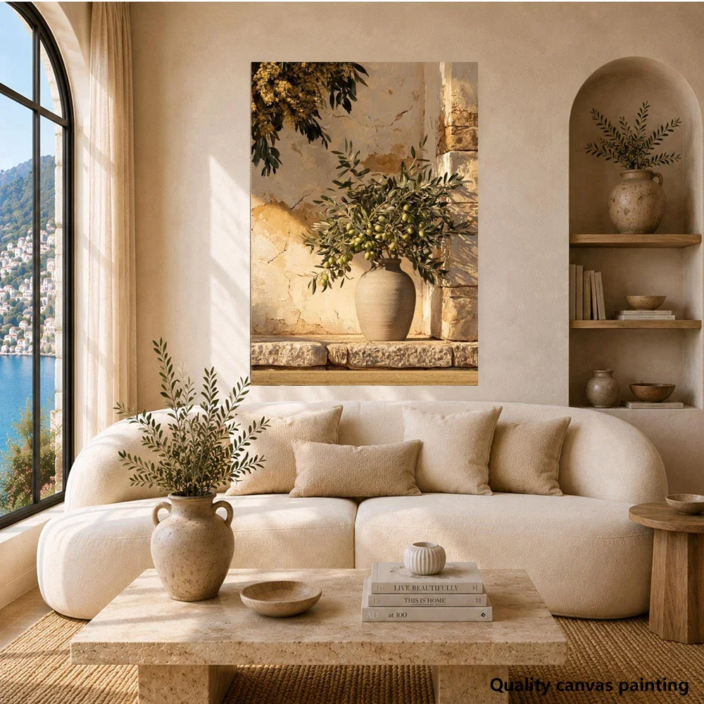 Frameless Canvas Painting Olive Branch Canvas Wall Art, Vintage Home Living Room Decor, Rustic Wall Art, Mediterranean Style Art