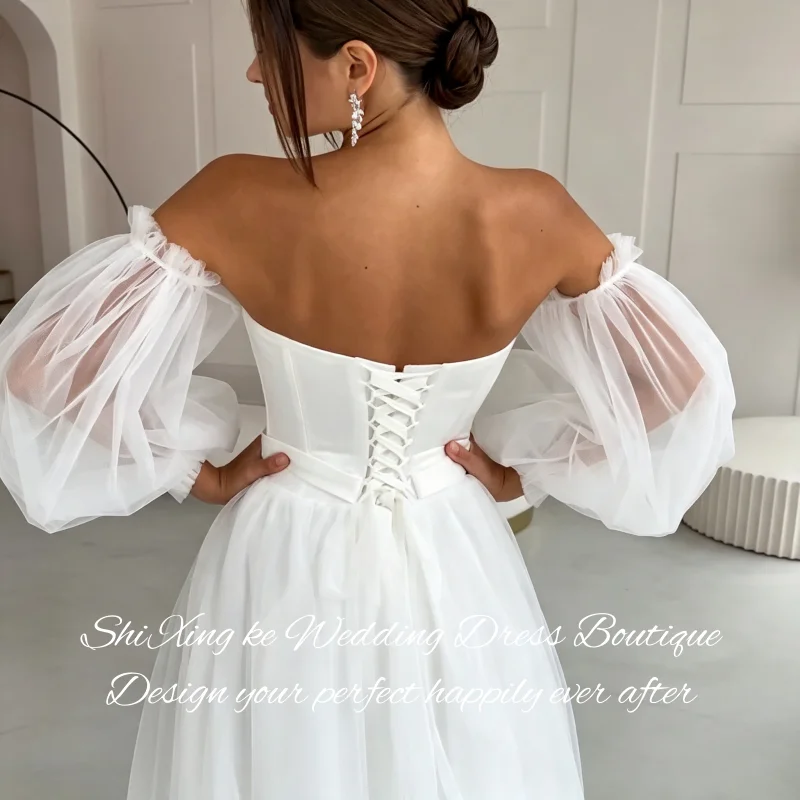 Off Shoulder Sweetheart Bridal Gown 26 Removable Puff Sleeve Lace Up Back Tulle Vestidos De Novia Customized