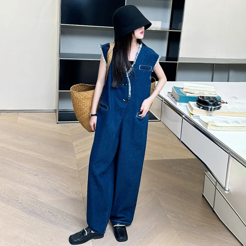 Girls' Tank Top jumpsuit 2024 Spring/Summer New Korean Edition Children's Versatile Academy Style Design Feel Denim Strap Pants