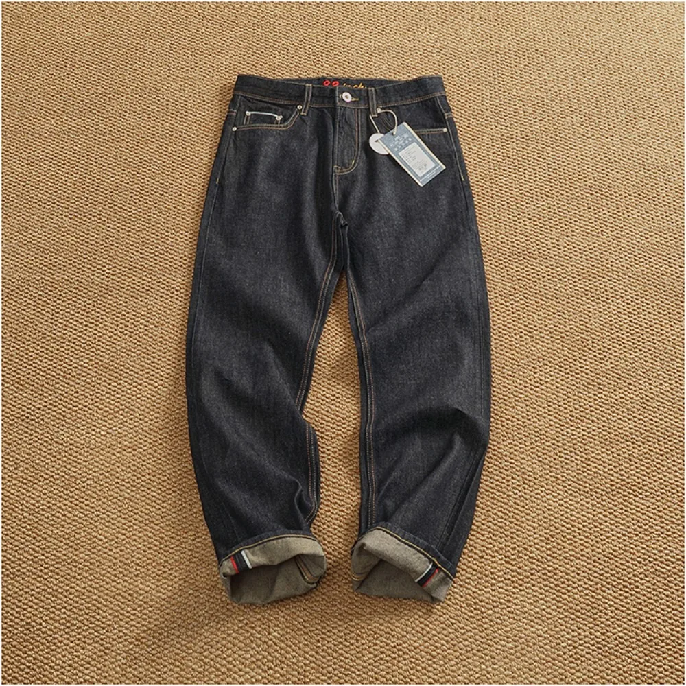 جينز جينز عالي التراجع للأذن الحمراء 12 أونصة للرجال من القماش الأصلي المزيل بمستقيم ثقيل مخروطي ريترو
