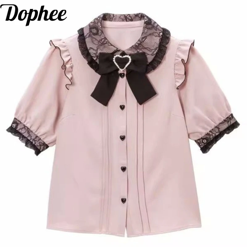 

Dophee Japan Style Cute Lace Peter Pan Collar Lolita Shirt Puff Short Sleeve Top Gothic Love Single-breasted Princess Blouses