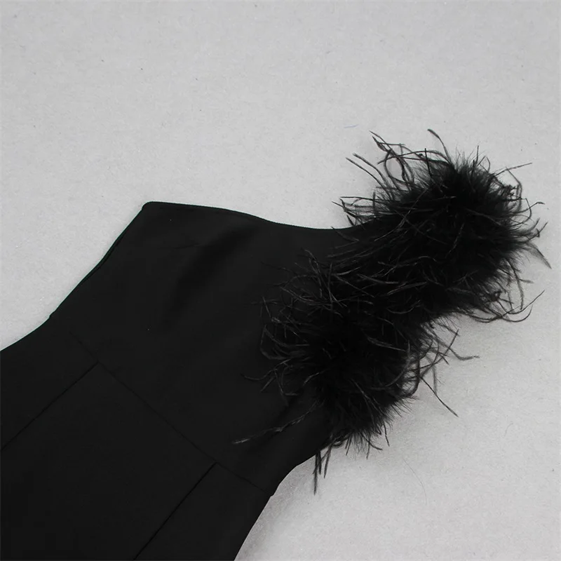 Ostrich Feather Prom Dress Sexy One Shoulder Bandage Autumn Mermaid Black Party Gown Formal Red Carpet Pageant Party Skirt Robe