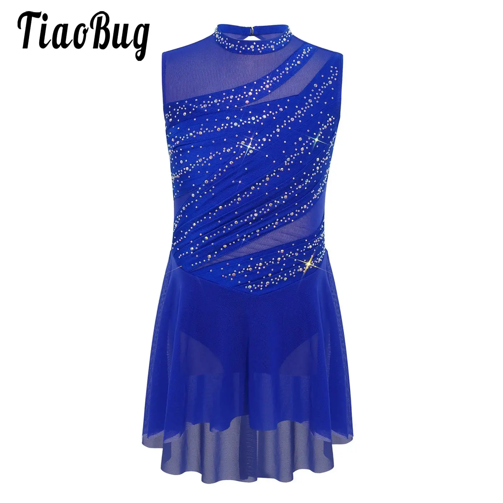 Kids Girls Leotard Figure Skating Lyrical Dance Dresses Performance Costume Sleeveless Sheer Mesh Patchwork Rhinestone Dress