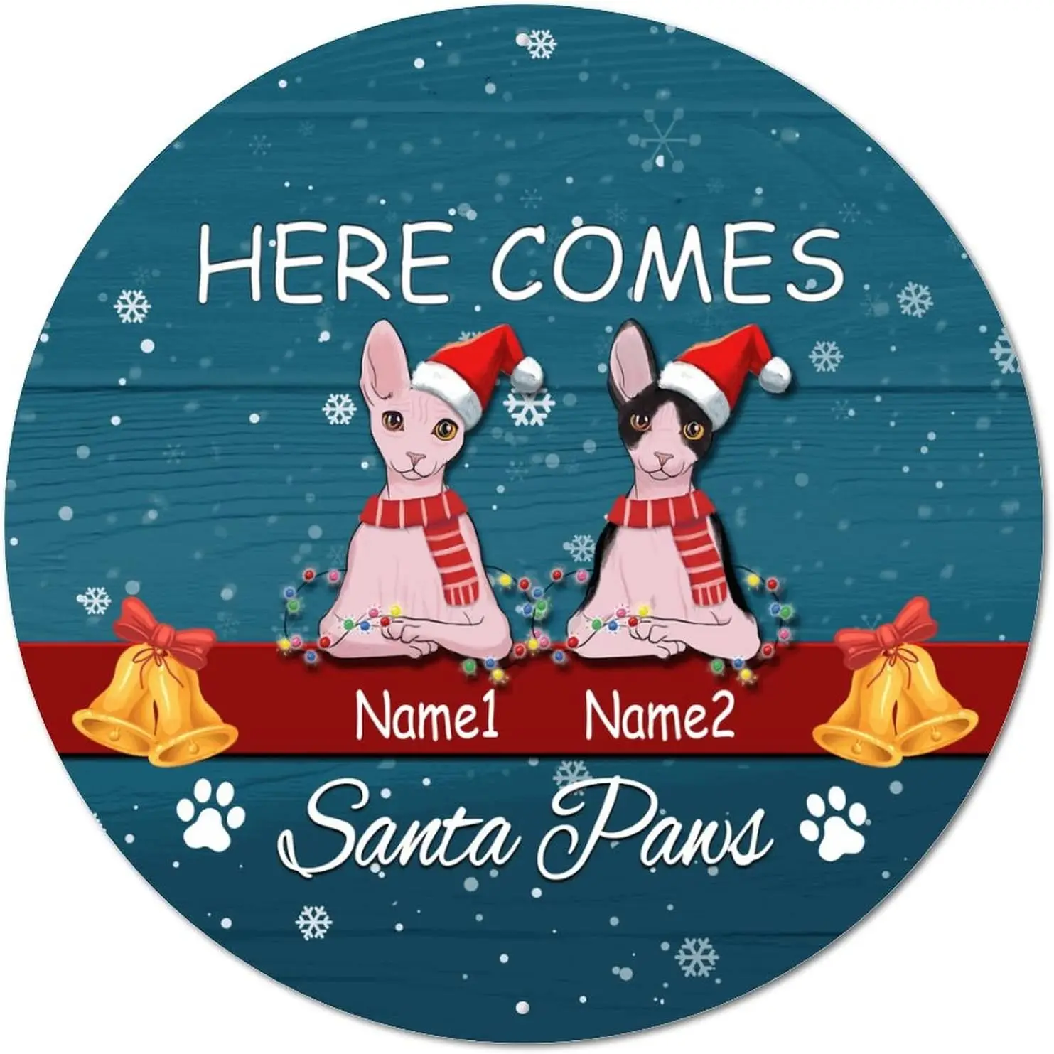 Round Metal Sign Custom Cat Name Here Comes Santa Paws Vintage Wreath Sign Weathered Bar Door Sign Plaque Classic Metal