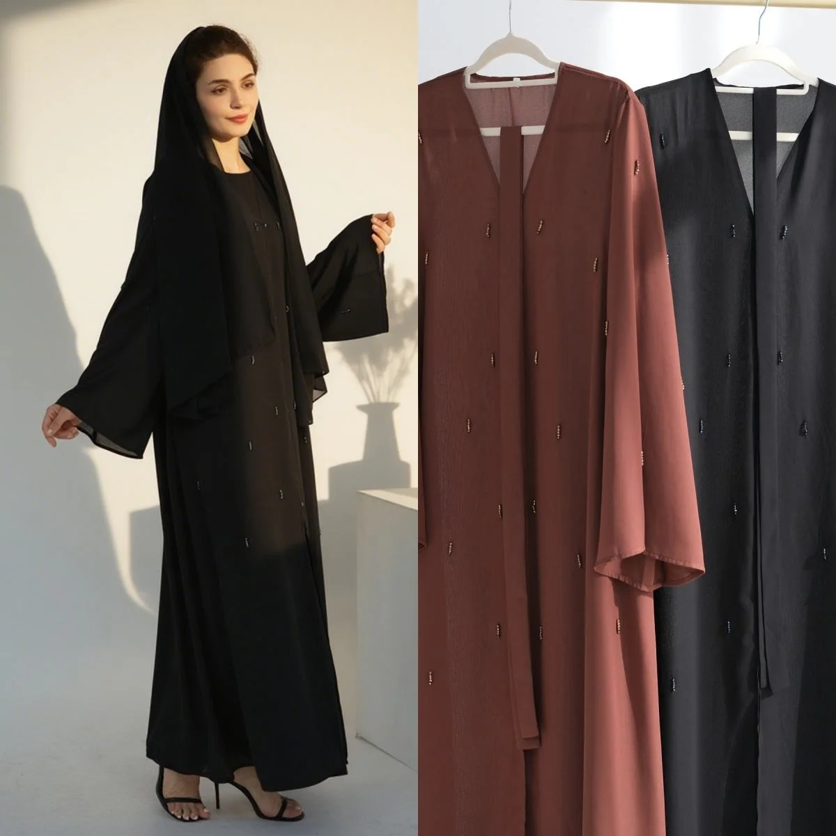 

Ид кимоно из бисера, открытые абайи для женщин, мусульманское платье, Дубайский кафтан, турецкий кафтан Kebaya, марокаин, женский халат, ислам, Джалабия, абайя