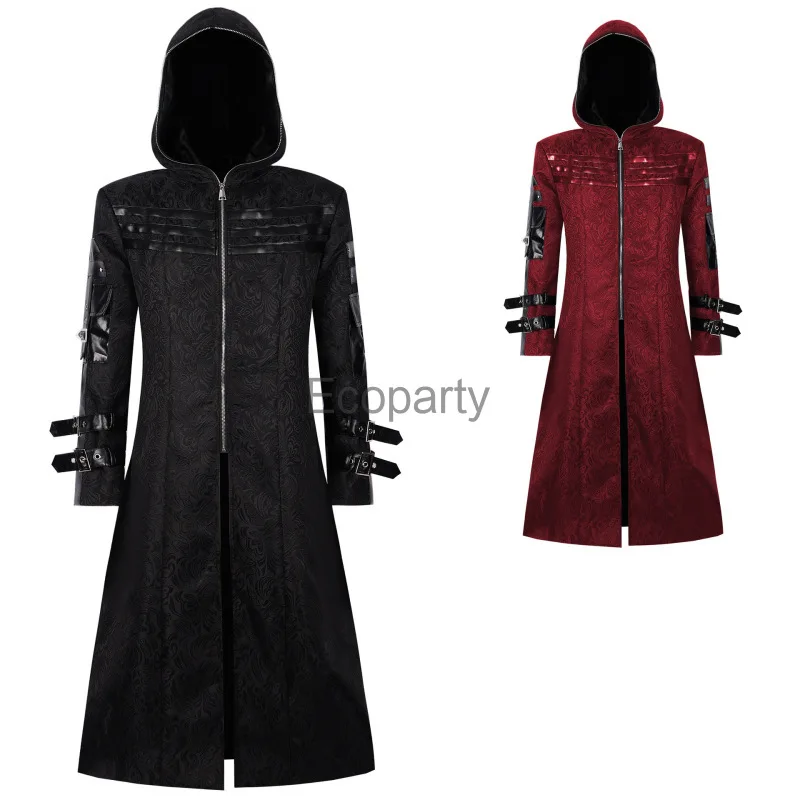 Costume Steampunk Médiéval pour Hommes, Noir, Rouge, Victorien, Gothique, Vintage, Assassin, Elfes, 7.5 ate, Cosplay, Veste Gothique en Cuir Pu