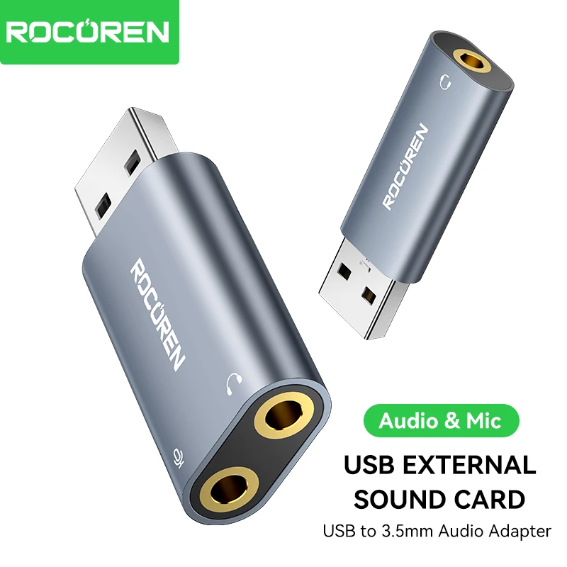 Rocoren External USB Sound Card Audio Microphone Adapter To 35mm Mic Headphone Jack Stereo Headset Speaker Interface For Laptop