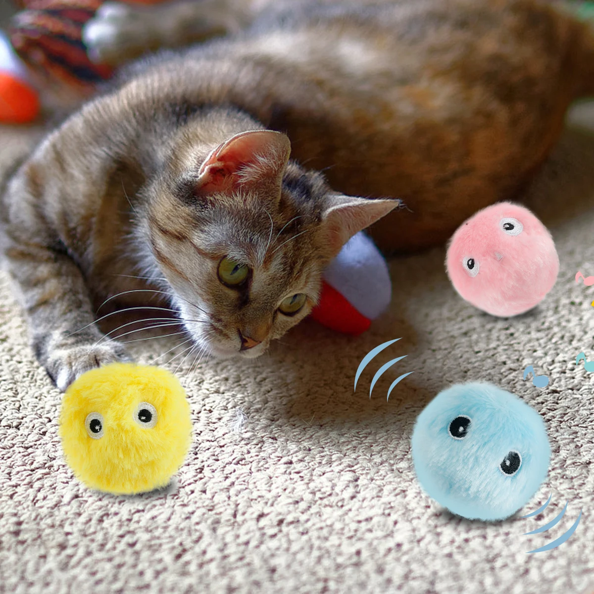 3Pcs Smart Cat Toys with 3 Animal Chirping Sounds Interactive Ball Plush Electric Training Toy Kitten Touch Sounding Squeak Toy