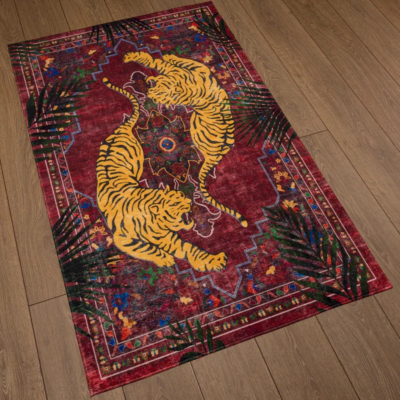 VIKAMA Tiger Jungle Carpet Retro Flower Anti slip Floor Mat, Soft Carpet for Living Room and Bedroom Home Decoration