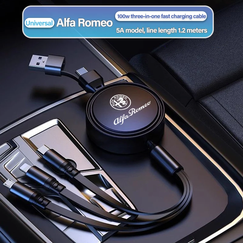 Keychain Car Charger Head 3 In 1 Charging Data Cable USB Type-C Auto Accessorie For Alfa Romeo 4C 159 166 Spider Giulia 156 147